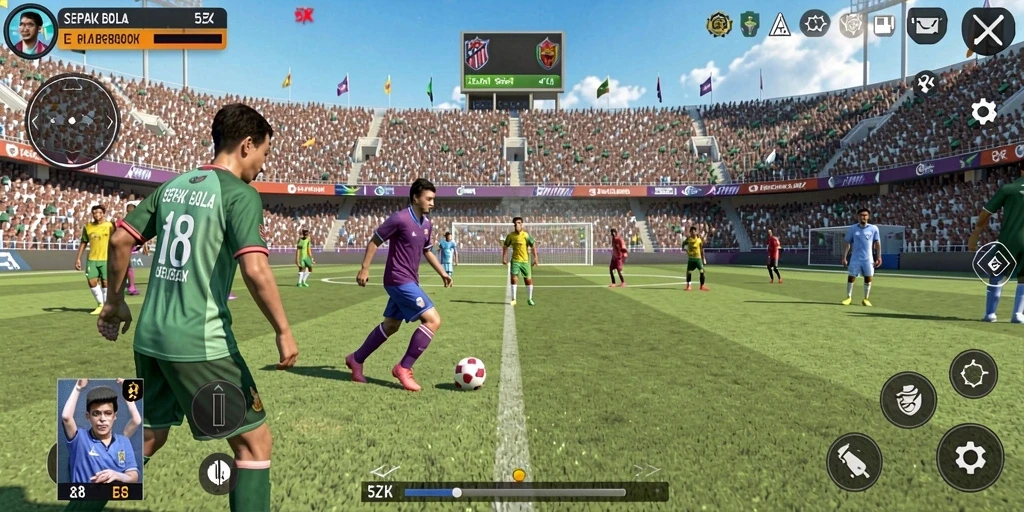 Tangkapan layar utama 5ZK menampilkan aksi seru pertandingan sepak bola.