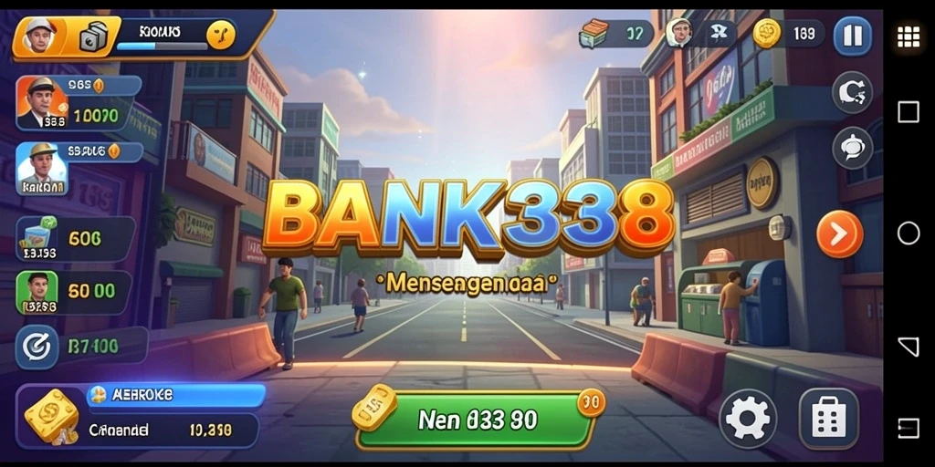 Tampilan gameplay BANK338 dengan elemen simulasi keuangan interaktif.