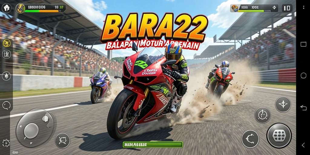 Screenshot gameplay BARA22 menunjukkan balapan motor yang seru dan aksi mendebarkan.