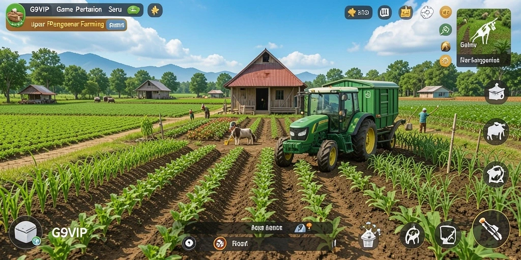 Tampilan gameplay menarik dari G9VIP dengan aktivitas bertani yang seru.
