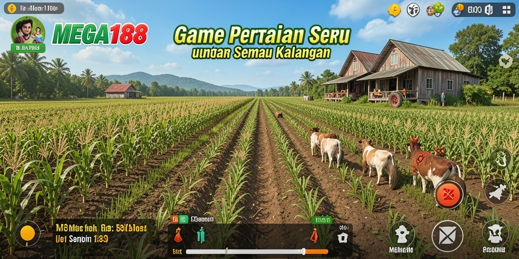 Screenshot gameplay MEGA188 menunjukkan aktivitas pertanian yang seru.