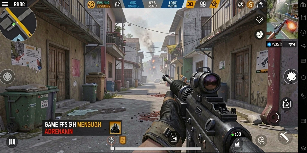 Tampilan gameplay mendebarkan dari RK88 dengan aksi tembak-menembak yang intens.