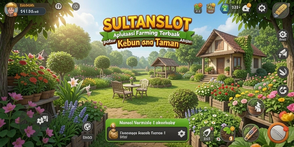 Screenshot gameplay SULTANSLOT dengan kebun yang hijau dan subur.